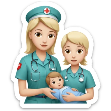 A young medic (woman) attending to a child patient at the local hospital sticker
