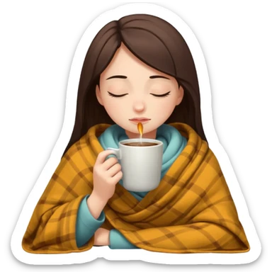 girl inside a blanket sipping coffee eyes closed, visibly distressed sticker