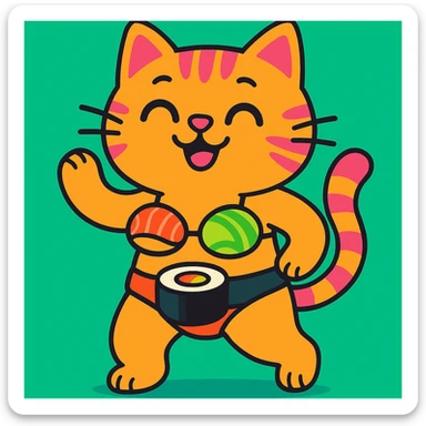 cat in a sushi bikini, cartoon style, bright colors sticker