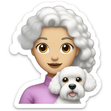 mujer piel blanca pelo largo negro y perro bichon blanco sticker