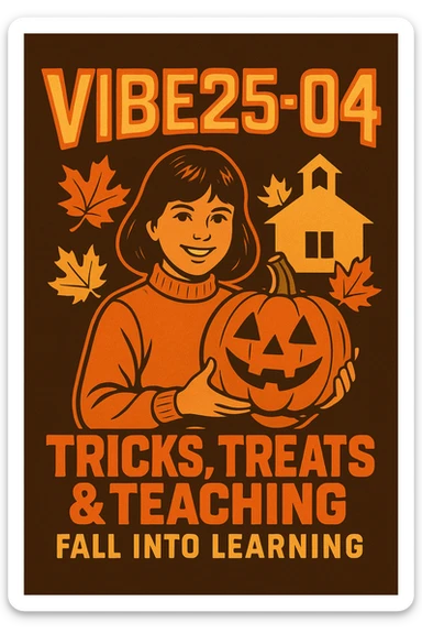 Create a logo that encompasses a retro 80's feel, nostalgic, ALSO RETRO.  Add the words "VIBE25-04: Tricks, Treats & Teaching: Fall Into Learning" sticker
