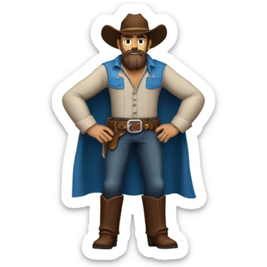 a rugged cowboy with a thick beard, wearing a blue vest over a classic western shirt and a brown belt with a silver buckle. He should have a confident stance, showing full torso sticker