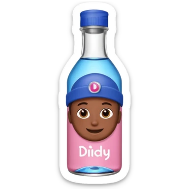 Smiling bottle of oil blue top pink outside with logo that says diddy oil sticker