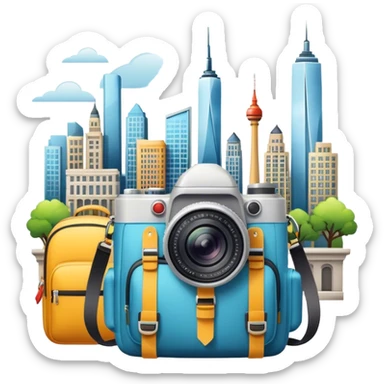 Icon for Urban Tourism: city skyline with iconic buildings, a camera and a backpack. The icon should represent the exploration of urban destinations, with elements like streets, landmarks, and vibrant city life. Transparent background. sticker