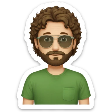 a self asured white male. brown hair. green t-shirt. blue background 5 days beard. sunglasses. longer curly hair sticker