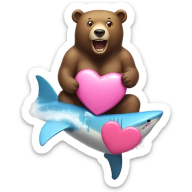 A bear holding a pink heart surfing on a shark in the ocean sticker