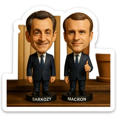 bobblehead style figures of Nicolas Sarkozy and Emmanuel Macron standing side by side sticker