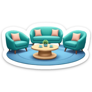 Morning entertainment TV studio, cozy talk show set with armchairs and couch, guests sitting area, round glass coffee table, warm pastel colors, green and blue lighting panels, festive decorations, friendly daytime TV atmosphere, realistic broadcast studio, no branding. sticker