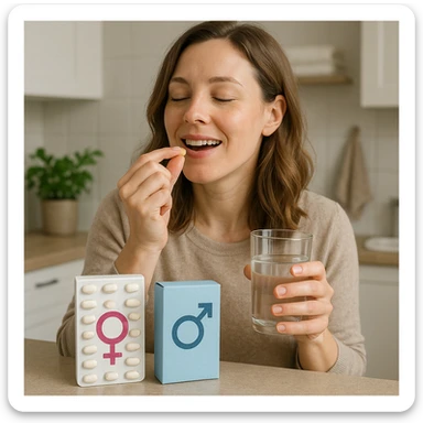 woman taking supplements or medication for hormone regulation, packages with hormone symbols, positive atmosphere, realistic details, kitchen or bathroom background sticker