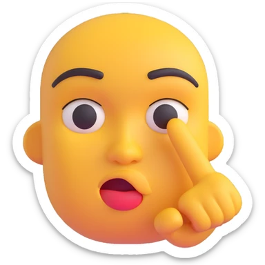 3D emoji of a face with narrowed eyes and finger in front of lips, 'be quiet' sign sticker
