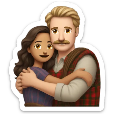 Tall white man with brown hair and a mustache wearing plaid hugging small Indian woman sticker