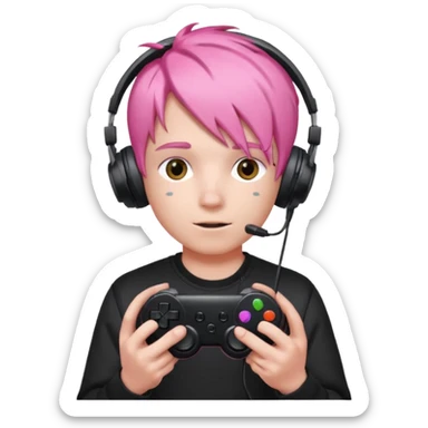 pink haired boy with headphones holding all black game controller sticker