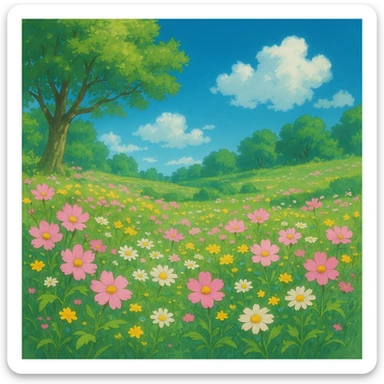 spring in ghibli style, blooming flowers, clear skies, lush greenery, serene atmosphere sticker