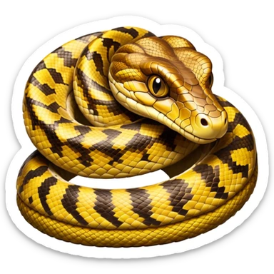 cinematic-python-realistic-full-body-coiled-emoji,-thick-scaled-body-looped-tightly,-intricate-brown-and-gold-patterned-scales-reflecting-light,-head-tilted-dramatically,-slitted-eyes-staring-calmly,-simplified-yet-realistic-focused-feature sticker