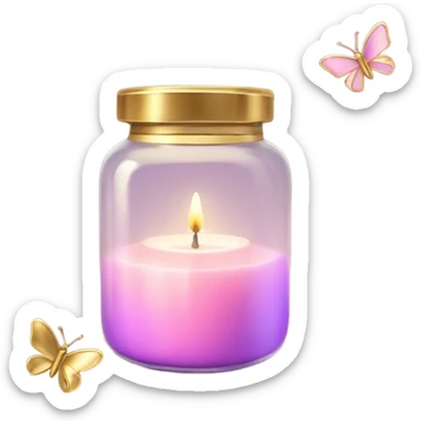 A glowing pastel pink candle in a glass jar with gold accents, next to a violet butterfly. sticker