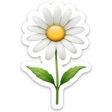 Cinematic Realistic Daisy Emoji, Cheerful and pure, with bright white petals surrounding a sunny yellow center, standing proudly atop a slender green stem. The soft, vibrant petals seem to radiate positivity, while a few green leaves frame the delicate flower. Soft glowing outline, capturing the essence of simplicity, innocence, and happiness in a single daisy. sticker