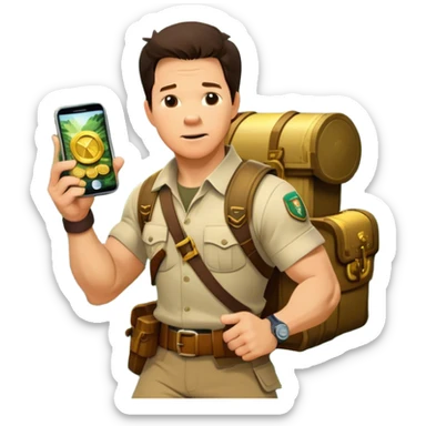 Icon for Adventure Movie: A vintage movie poster-style design featuring Mark Wahlberg in a jungle with a treasure map, wearing explorer gear. Include ancient ruins, treasure piles, and jungle foliage in the background. Exciting and adventurous cinematic feel. Transparent background. sticker