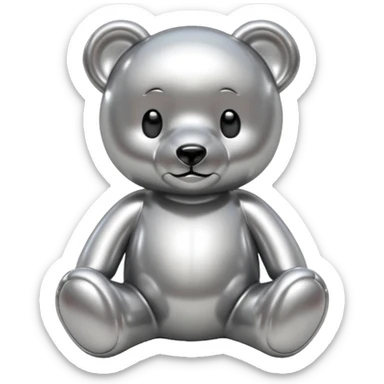 A cute teddy bear emoji made of liquid silver chrome, smooth rounded body, glossy metallic surface, soft reflections, friendly proportions, iOS emoji style, centered, clean white background sticker