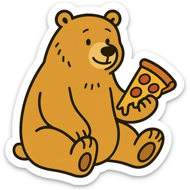 flat toon style blonde grizzly bear sitting, full body, holding a slice of cheese pizza sticker