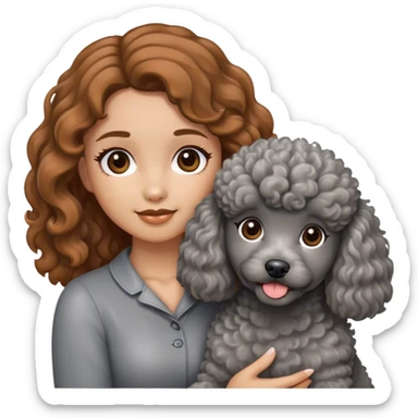 A girl with caramel brown hair holding a grey poodle sticker