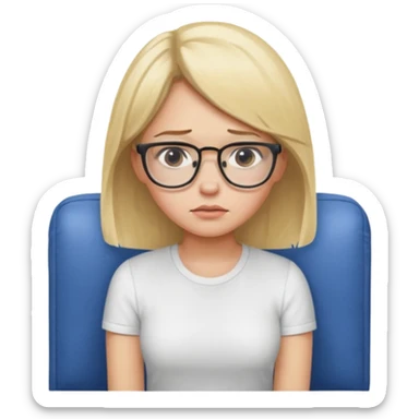 A young blond woman with glasses sittingvon the couch and having the blues sticker