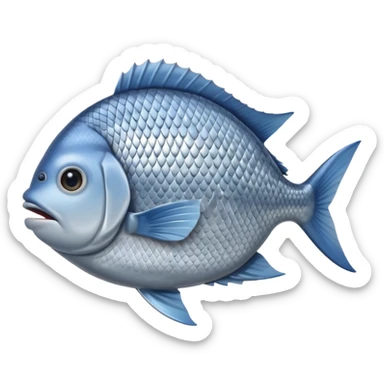 whole sea bream fish, slightly arched, shiny silver scales, blue-grey top, pale belly, visible eye, fins, tail, mouth closed, fresh and firm, no plate or garnish, clean 3D, soft shadows, transparent background, emoji scale sticker