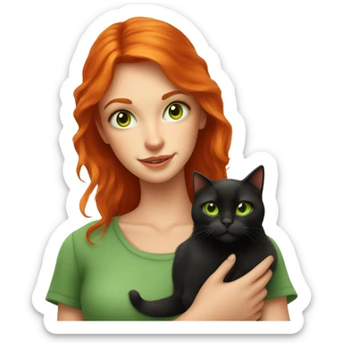 Red head girl with green eyes holding orange eyed black cat  sticker