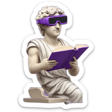 an EMOJI OF A ancient young greek statue reading a book, wearing VR glasses, purple colors, DIGITAL UNIVERSE sticker