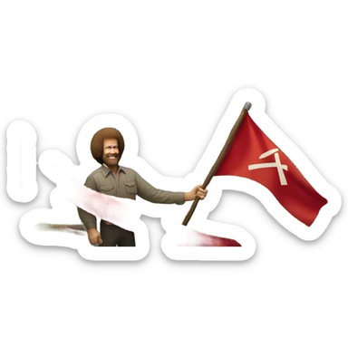 bob ross painting with a background of a hammer and sickle red flag sticker