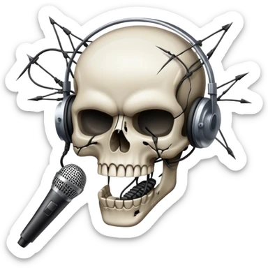 A transparent PNG emoji of a broken microphone with a skull cracked into the side and wires sparking. Looks like someone rage-quit VC. Gritty and dark. sticker