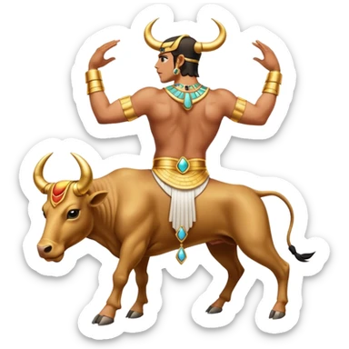 fullbody Egyptian human bull leaper, back view, in 'are you entertained' pose, with gold jewelry sticker