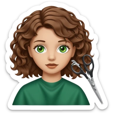Girl with green eyes and brown wavy hair getting haircut with scissors sticker