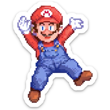 Mario jumping, pixel art style, red hat, blue overalls, energetic pose sticker