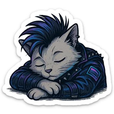  a anthro cat laying down his head to nap, punk gothic style, futuristic cyberwave cyberpunk, resting his head on his arms, head tilted sideways, light gray cata sticker