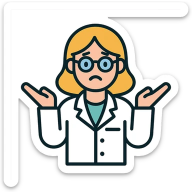 scientist woman shrugging, clear lab coat, expressive face, simple background, modern icon style sticker