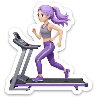 Девушка белокожая на беговой дорожке, с длинными светло-лиловыми волосами, в лиловом топе, в серых спортивных штанах, с черными ресницами sticker