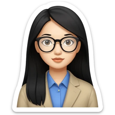 30 yr old asian woman, straight thick long black hair, big black glasses, side part sticker