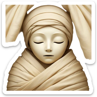 A snug, cozily wrapped mummy, fully encased in soft, slightly loose bandages, even its face gently hidden behind folds with only a tiny glimpse of sleepy eyes, nestled in warm, faded tones with gentle golden accents, simplified yet irresistibly charming, highly detailed with a soft glowing outline capturing the peaceful aura of an ancient being drifting into rest! sticker
