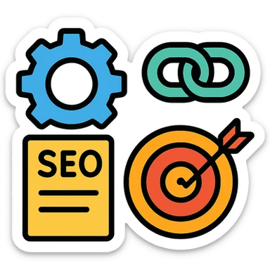 gear, link chain, report, target, modern clean style SEO tools emoji sticker