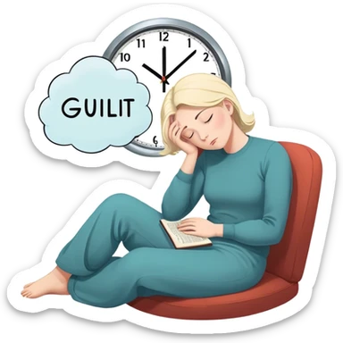 A person sits with their hands gently resting on their lap, eyes closed, exhaling slowly. Above them, a swirling thought bubble holds the words guilt and discomfort, but they don’t push it away—they just sit with it. In the background, a clock ticks softly, symbolizing the pause before responding. = sticker