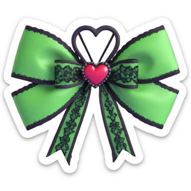 green gothic bow with black lace trim and heart charm, remove background sticker