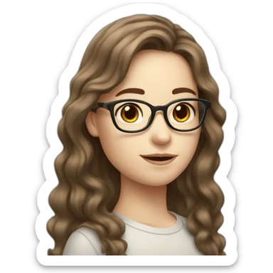 Girl with pale skin long wavy brown hair glasses and a mole sticker