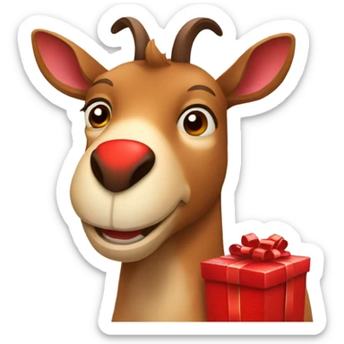 happy smiling brown chamois holding red gift sticker