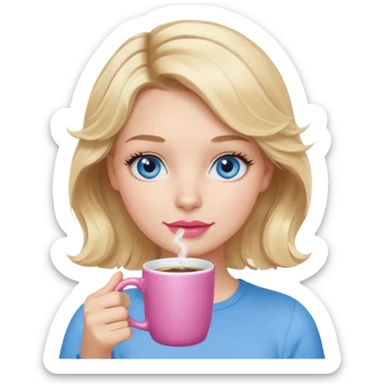 Girl Blonde short wavy hair,  blue eyes, cute blue top, long lashes, pink lips, holding white hot coffee mug sticker