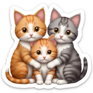 3 kittens cuddling together all different colours, the first one is grey and white, the second is ginger and white and the third is brown tabby and white sticker