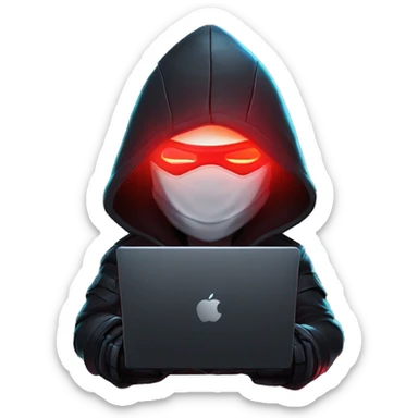 developer behind his laptop with this style : crysis Cyberpunk Riot Games Valorant neon glowing bright red character red dark black hooded assassin themed character sticker
