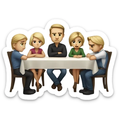 6 Caucasian people sitting around a table looking unhappy sticker