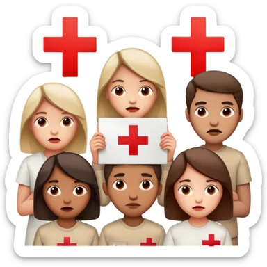 a crowd of people with unhappy faces, holding posters with a red cross painted on them sticker