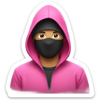 Man in pink jacket hood up, wearing black mask with white circle in the middle sticker