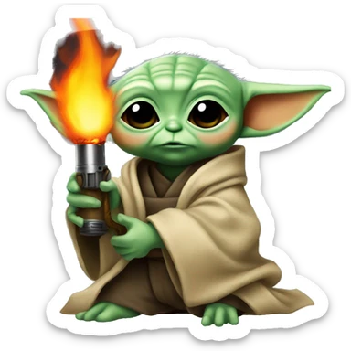 BabyYoda holds a flamethrower c big flame sticker